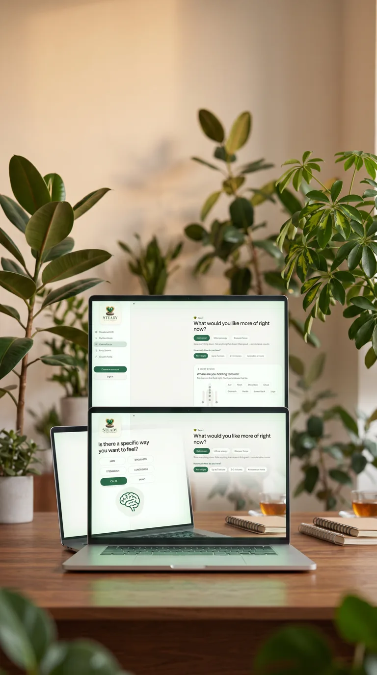 Steady in the Moment open on a laptop on a calm wooden desk surrounded by green plants