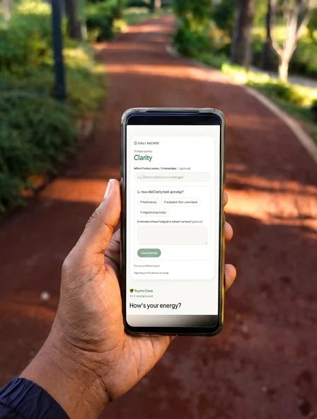 A hand holding a phone showing the Daily Anchor on a quiet tree-lined walking path