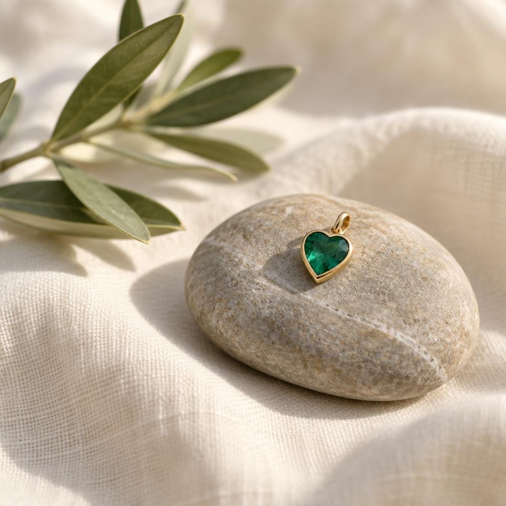A smooth stone holding a small gold-framed emerald heart on soft linen